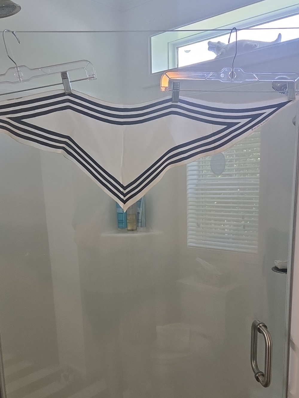 Ralph Lauren White Triangular Silk Scarf With Navy Stripes